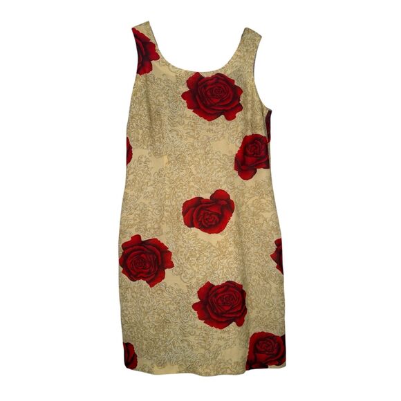 Vtg Mary Mcfadden Gold Rose Mini Shift Dress Sz 14 Floral Old Money Career - Picture 1 of 8